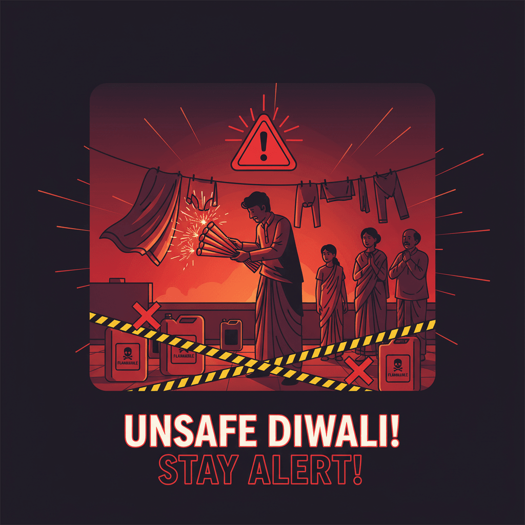 Illustration showing unsafe Diwali fireworks scenario