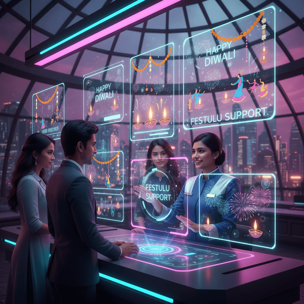 Festulu concierge team assisting customers at a neon-lit help desk